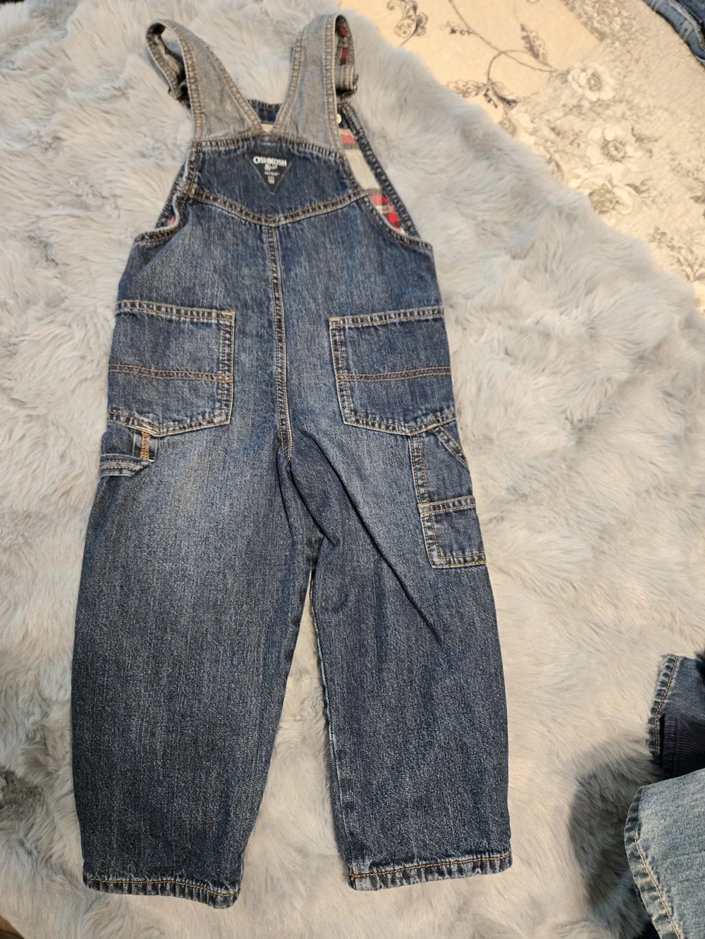 OshKosh B'gosh Flannel Lined Denim Overalls 3T Red Plaid Distressed